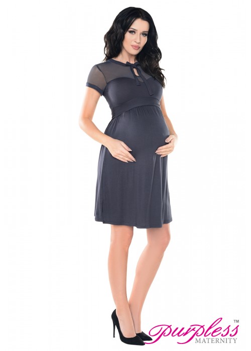 Purpless Maternity Elastic Sheer Mesh Panel Bow Tie Pregnancy Dress Tunic d016 