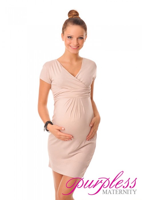 Maternity V-Neck Pregnancy Dress 8415 Beige