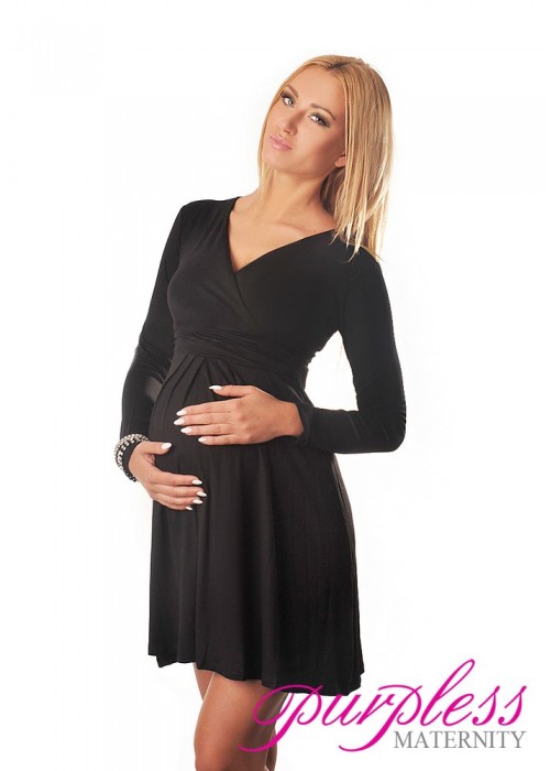 Long Sleeve Maternity V Neck Dress 4419 Black