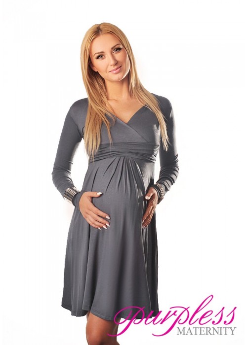 Long Sleeve Maternity V Neck Dress 4419 Army Gray