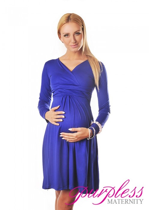 Long Sleeve Maternity V Neck Dress 4419 Royal Blue