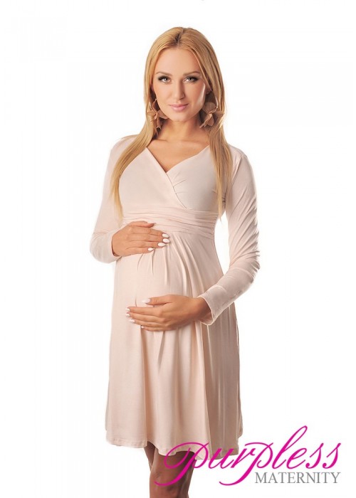 Long Sleeve Maternity V Neck Dress 4419 Cream