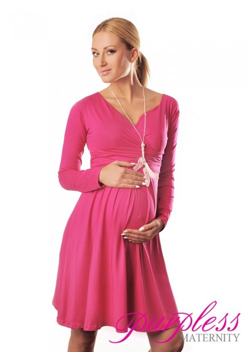 Long Sleeve Maternity V Neck Dress 4419 Hot Pink
