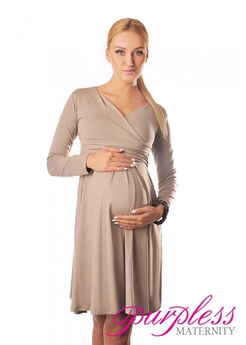 Long Sleeve Maternity V Neck Dress 4419 Light Cappuccino