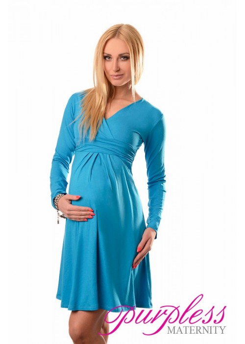 Long Sleeve Maternity V Neck Dress 4419 Sky Blue